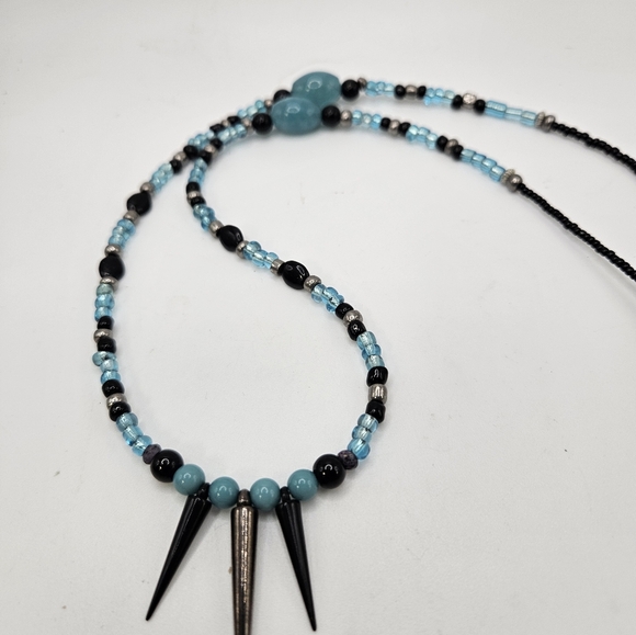 Boho Aqua Marine & Black Spiked 30" Beaded Necklace - Picture 6 of 10